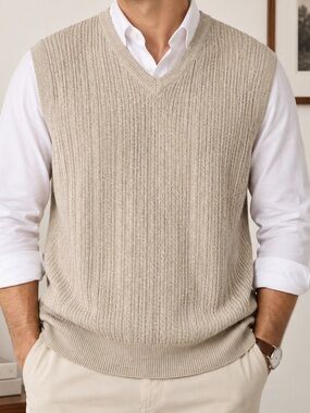Ivy Crew Classics Beige Cable Knit Sweater Vest Size L